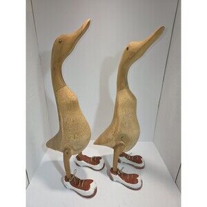 Two Wooden Carved Ducks with Clown shoes  18 inch